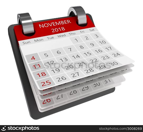 3d monthly calendar perspective view isolate, 2018 november page