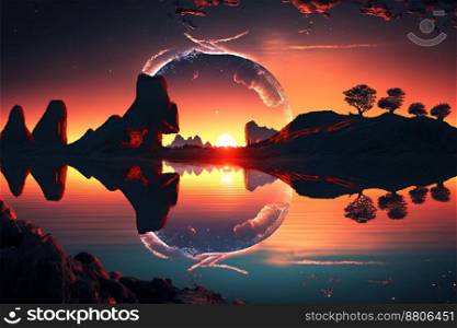 3D mountain and lake sunset landscape