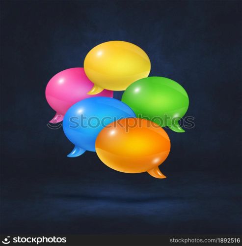 3D multicolor speech bubbles isolated on black square background. multicolor speech bubbles on black square background