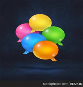 3D multicolor speech bubbles isolated on black square background. multicolor speech bubbles on black square background