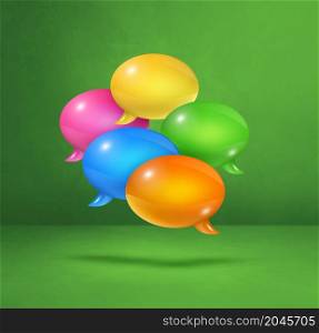3D multicolor speech bubbles isolated on green square background. multicolor speech bubbles on green square background