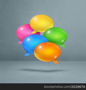 3D multicolor speech bubbles isolated on grey square background. multicolor speech bubbles on grey square background