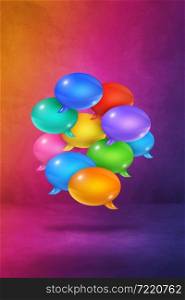 3D multicolor speech bubbles isolated on purple vertical background. multicolor speech bubbles on purple vertical background