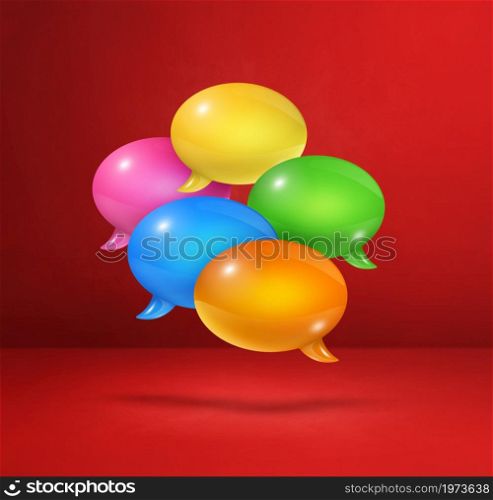 3D multicolor speech bubbles isolated on red square background. multicolor speech bubbles on red square background