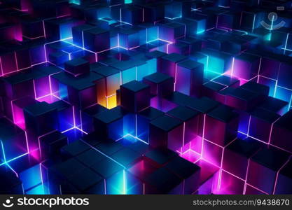 3D neon cube with a geometric perspective on a dark background. This techno style block is lit up with LED lighting, creating a futuristic and stylish effect. Generative AI