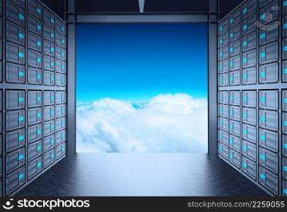 3d network server room and cloud outside as concept