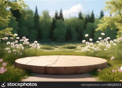 3D of a wooden podium in a spring meadow. The podium is surrounded by flowers and trees, and the atmosphere is peaceful and serene. Generative AI