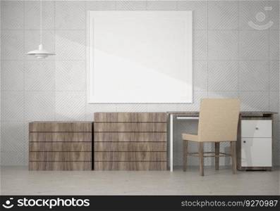 3D office room with blank photo frame