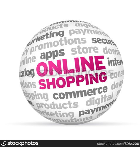 3d Online Shopping Word Sphere on white background.