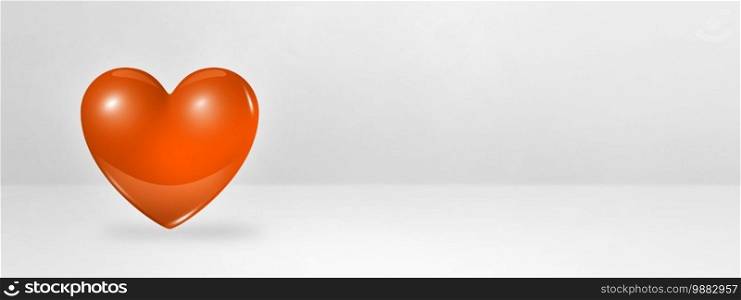 3D orange heart isolated on a white studio banner. 3D illustration. 3D orange heart on a white studio banner