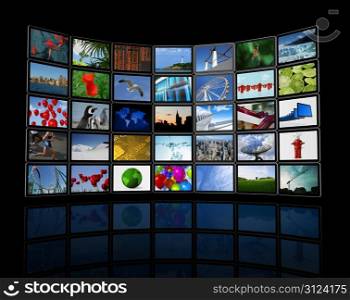 3D panel / Wall of flat tv screens, including images, isolated on black. With 2 clipping paths : global scene clipping path and screens clipping path.. Wall of flat tv screens