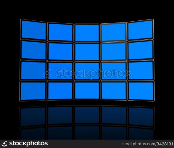 3D panel / Wall of flat tv screens, isolated on black. With 2 clipping paths : global scene clipping path and screens clipping path to place your designs or pictures.. Wall of flat tv screens