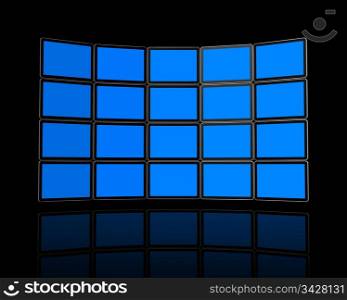 3D panel / Wall of flat tv screens, isolated on black. With 2 clipping paths : global scene clipping path and screens clipping path to place your designs or pictures.. Wall of flat tv screens