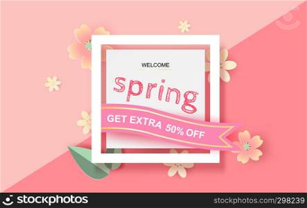 3D Paper art and craft of Floral rectangle frame with place for text. Spring season concept with flowers and balloon of pastel sweet tone color.Lovely flowers with colorful frame.vector illustration