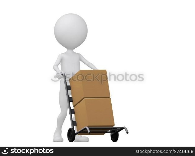 3d people icon with hand trucks and cargo boxes- This is a 3d render illustration