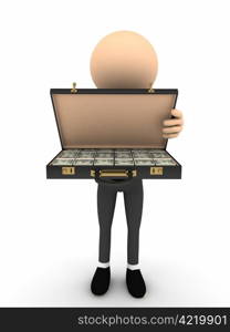 3d person open case with money. computer generated image