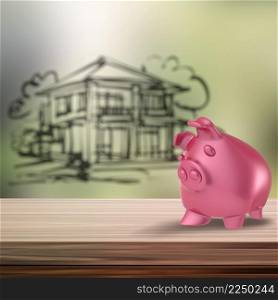 3d Piggy bank on wooden shelf with home blur background as concept