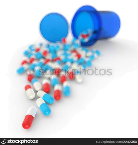 3d Pills spilling out of pill bottle on white
