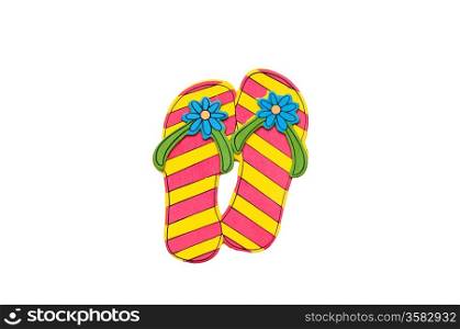 3d pink and yellow flip flops, isolated on white.