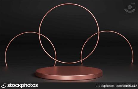 3D pink gold minimal podiums, pedestals, steps on the background and a round pink gold frame. Mock Up. 3d rendering.