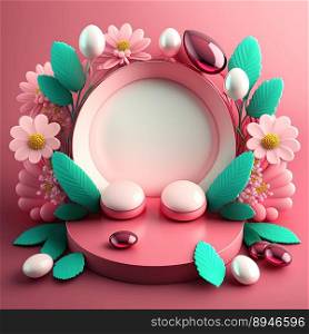 3D Pink Illustration Podium with Eggs and Flower Decoration for Easter Celebration