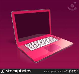 3D pink laptop isolated on a purple background with two clipping path (screen and global scene). three dimensional pink laptop isolated on a purple background