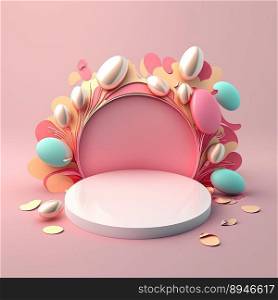 3D Pink Podium Decorated with Eggs and Flowers for Easter Day