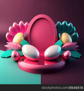 3D Pink Podium Decorated with Eggs and Flowers for Easter Day