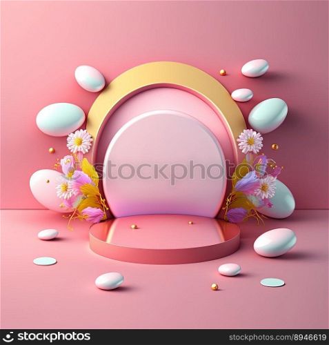 3D Pink Podium Decorated with Eggs and Flowers for Easter Holiday