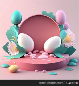 3D Pink Podium Decorated with Eggs and Flowers for Easter Holiday