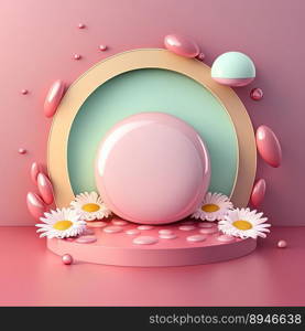 3D Pink Podium Decorated with Eggs and Flowers for Product Display Easter Day