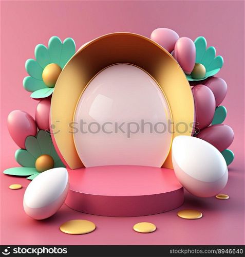 3D Pink Podium Decorated with Eggs and Flowers for Product Display Easter Holiday