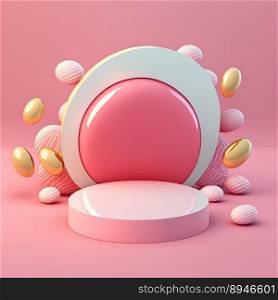 3D Pink Podium Decorated with Eggs and Flowers for Product Presentation Easter Holiday