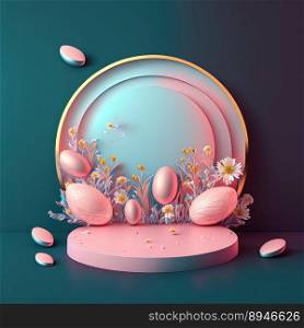 3D Pink Podium Decorated with Eggs and Flowers for Product Presentation Easter Holiday