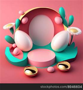 3D Pink Podium Decorated with Eggs and Flowers for Product Stand Easter Day