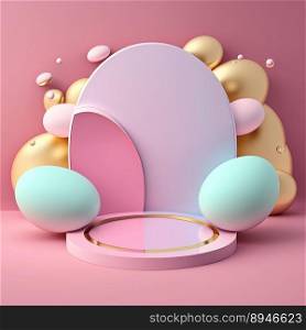 3D Pink Podium with Eggs and Flower Decoration for Easter Celebration