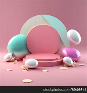 3D Pink Podium with Eggs and Flower Decoration for Product Display Easter Celebration