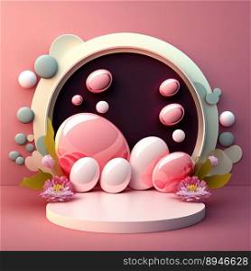 3D Pink Podium with Eggs and Flower Decoration for Product Presentation Easter Celebration