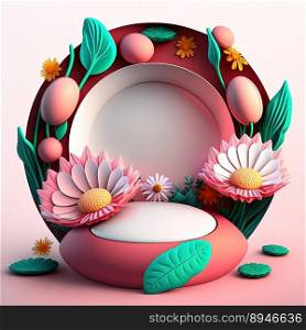 3D Pink Podium with Eggs and Flower Decoration for Product Stand Easter Celebration