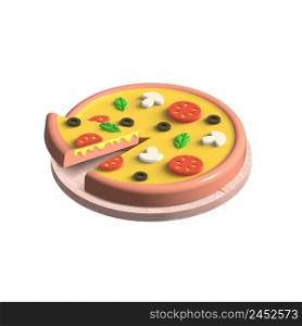 3d pizza with mushrooms, olives, tomatoes, and basil on a wooden board. Isolated illustration on a white background.. 3d slice of pizza with mushrooms, olives, tomatoes, and basil on a wooden board. Isolated illustration on a white background.