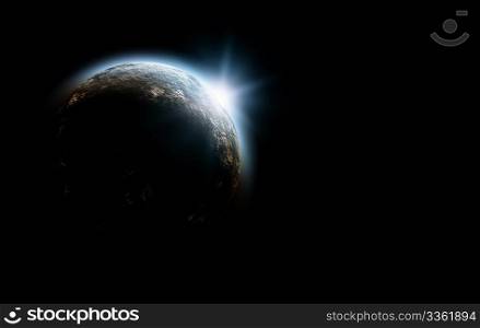 3d planet in cosmos with rising sun
