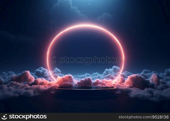 3D podium platform of a neon light ring in an abstract cloudy sky. The ring is glowing and appears to be floating in the air. Generative AI