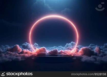 3D podium platform of a neon light ring in an abstract cloudy sky. The ring is glowing and appears to be floating in the air. Generative AI