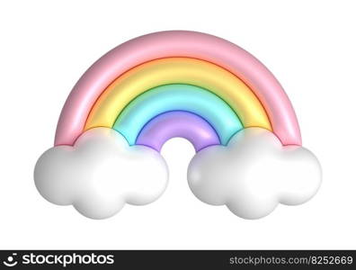 3d rainbows in candy pastel color purple, blue, yellow, pink. Cute plastic rainbow with clouds. 3d rendering spring illustration suitable for decoration of Birthday, product, banner, social networks. 3d rainbows in candy pastel color purple, blue, yellow, pink. Cute plastic rainbow with clouds. 3d rendering spring illustration suitable for decoration of Birthday, product, banner, social networks.