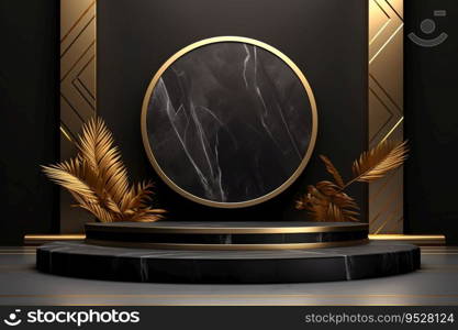 3D realistic black and gold marble podium with gold leaves is a stunning ex&le of modern luxury design. The podium features a circle backdrop with a minimalist design. Generative AI