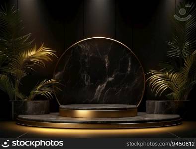 3d realistic black pedestal on a black background with golden elements and palm leaves. Empty space design luxury mockup scene for product. AI Generative