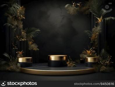 3d realistic black pedestal on a black background with golden elements and palm leaves. Empty space design luxury mockup scene for product. AI Generative