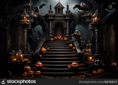 3D realistic Halloween podium is perfect for displaying your products in a spooky and stylish way. The podium features a dark background, a pumpkin, a bat, and a witch hat. Generative AI