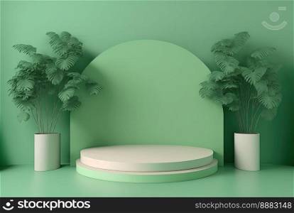 3d realistic illustration of pastel green podium with leaf around for product display