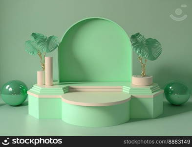 3d realistic illustration of pastel green podium with leaf around for product presentation